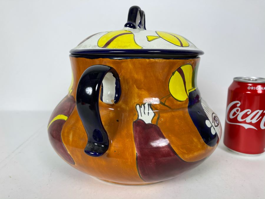 JUST ADDED - Hand Painted Mexican Pottery Pot With Lid 12W X 9H [Photo 3]
