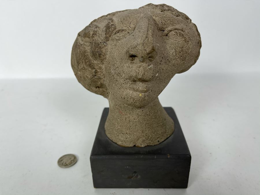 JUST ADDED - Stoneware Pottery Female Bust Head Sculpture On Wooden Base 4.5W X 6H