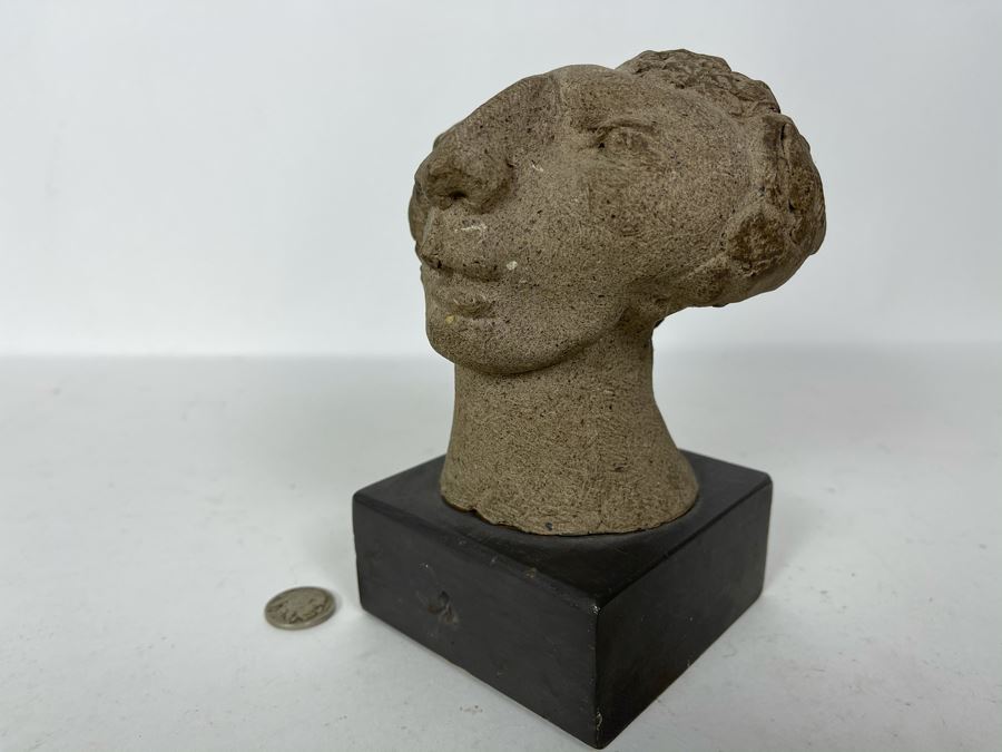 JUST ADDED - Stoneware Pottery Female Bust Head Sculpture On Wooden Base 4.5W X 6H [Photo 3]