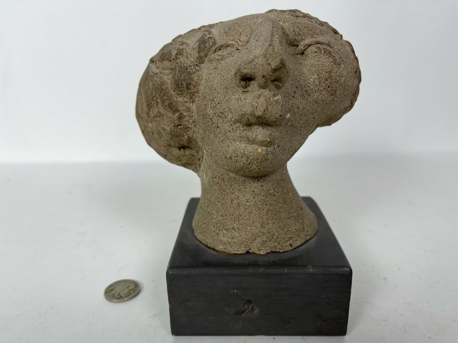 JUST ADDED - Stoneware Pottery Female Bust Head Sculpture On Wooden Base 4.5W X 6H [Photo 2]