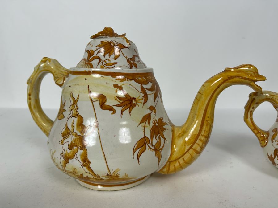 JUST ADDED - Vintage Italian Hand Painted Pottery Teapot 11W X 6.5H And Creamer Signed Simon Vetti [Photo 3]