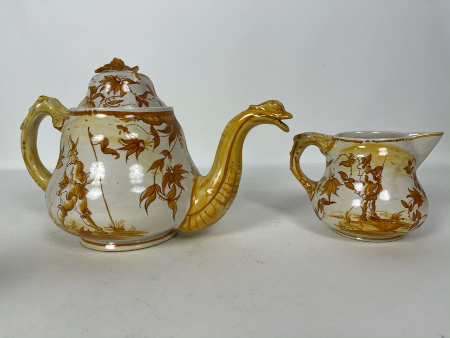 JUST ADDED - Vintage Italian Hand Painted Pottery Teapot 11W X 6.5H And Creamer Signed Simon Vetti [Photo 2]