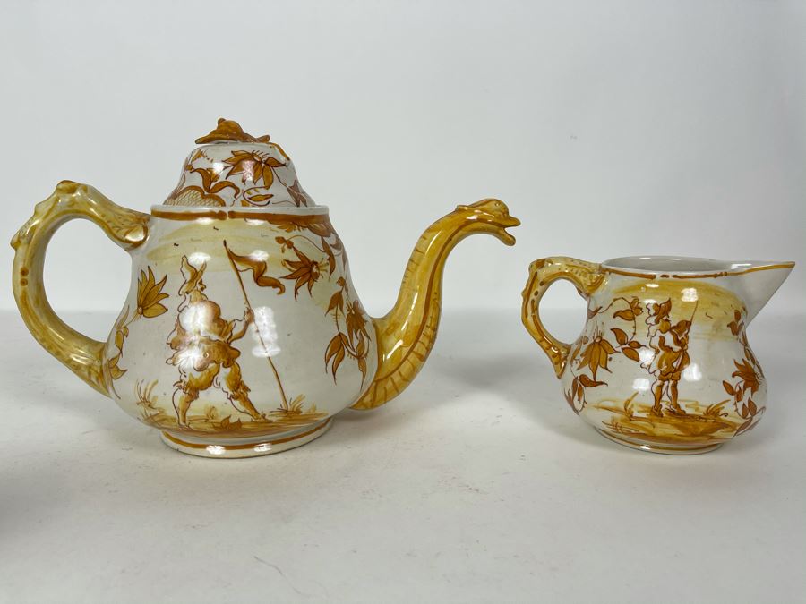 JUST ADDED - Vintage Italian Hand Painted Pottery Teapot 11W X 6.5H And Creamer Signed Simon Vetti