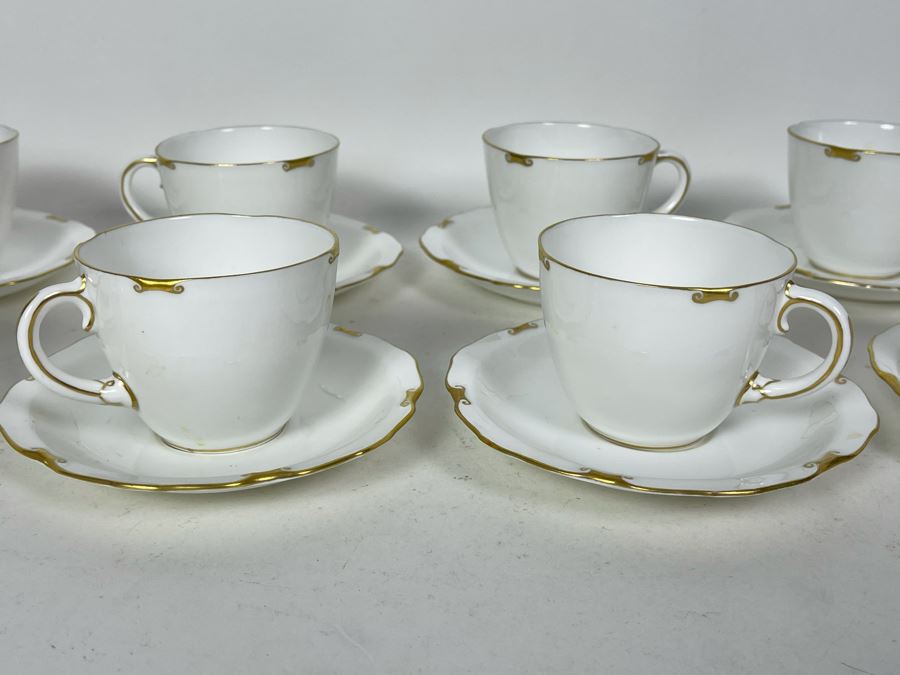 JUST ADDED - English Royal Crown Derby Regency Pattern Elegant Gold Rim Cups And Saucers - Set Of 8 Cups And Saucers