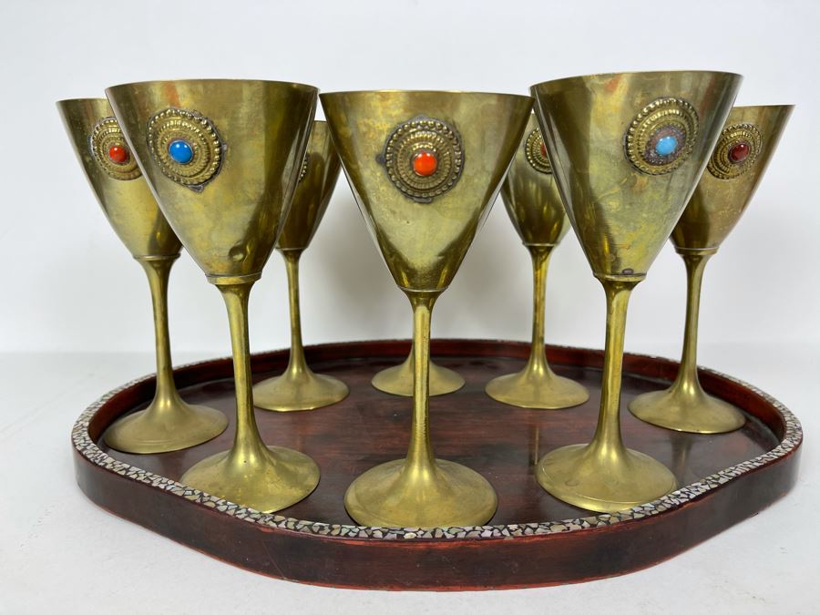 JUST ADDED - Set Of Eight Brass Stemware Glasses 7.25H With Mother Of Pearl Inlay Tray 16 X 12 [Photo 3]