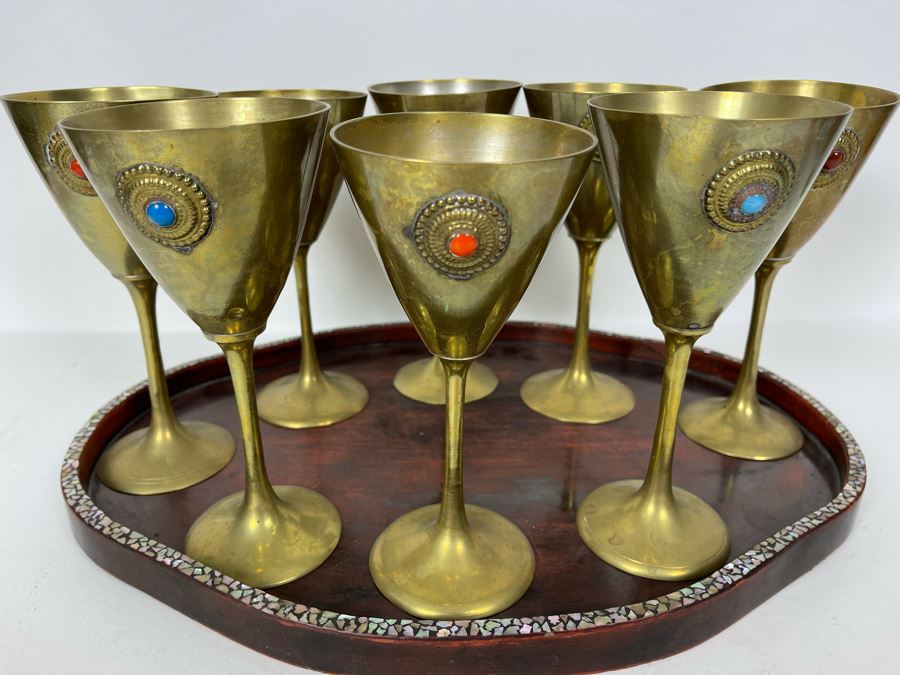 JUST ADDED - Set Of Eight Brass Stemware Glasses 7.25H With Mother Of Pearl Inlay Tray 16 X 12