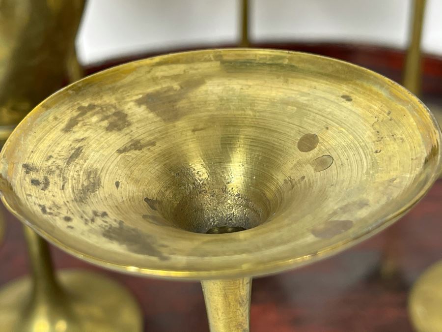 JUST ADDED - Set Of Eight Brass Stemware Glasses 7.25H With Mother Of Pearl Inlay Tray 16 X 12 [Photo 7]