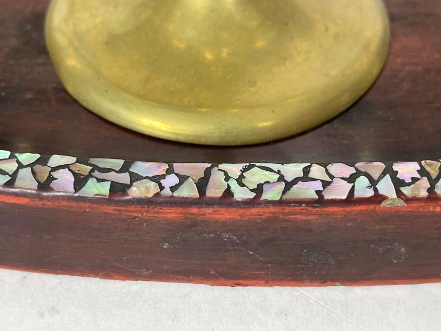 JUST ADDED - Set Of Eight Brass Stemware Glasses 7.25H With Mother Of Pearl Inlay Tray 16 X 12 [Photo 8]