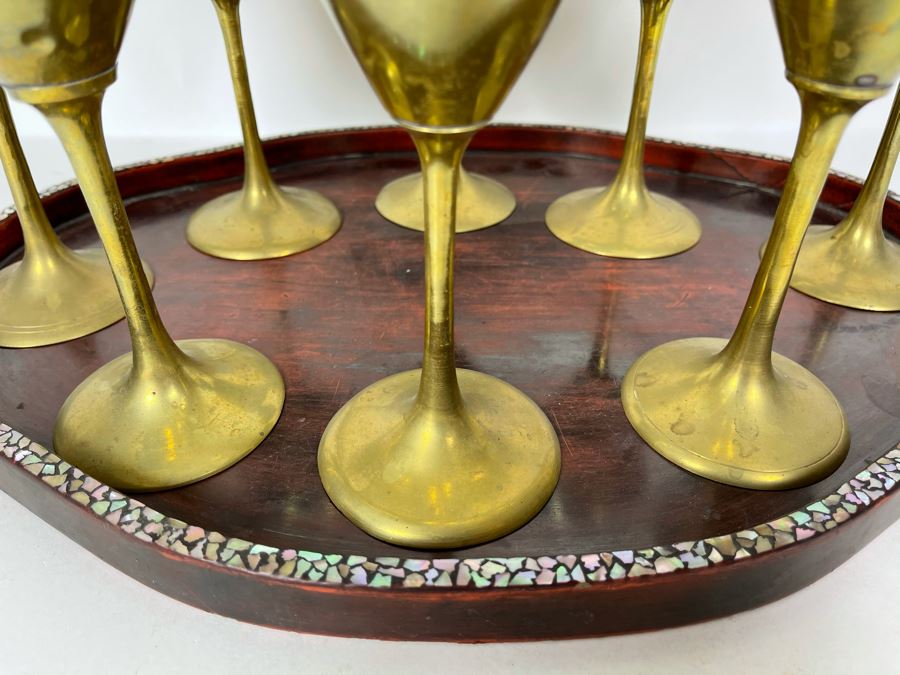 JUST ADDED - Set Of Eight Brass Stemware Glasses 7.25H With Mother Of Pearl Inlay Tray 16 X 12 [Photo 4]