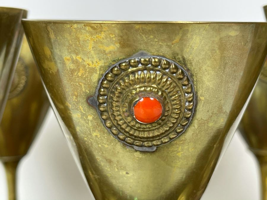 JUST ADDED - Set Of Eight Brass Stemware Glasses 7.25H With Mother Of Pearl Inlay Tray 16 X 12 [Photo 5]