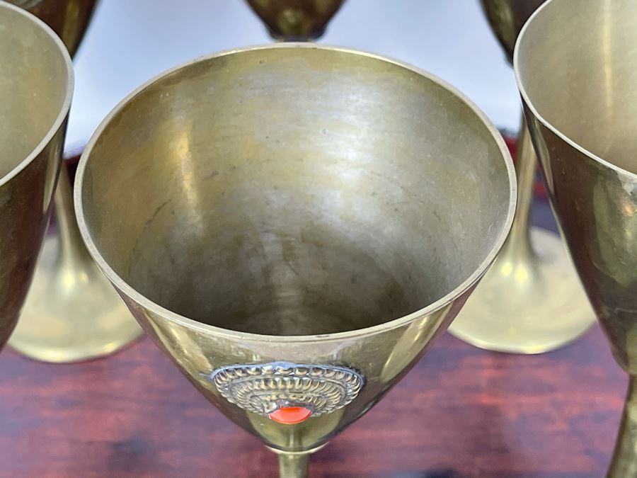 JUST ADDED - Set Of Eight Brass Stemware Glasses 7.25H With Mother Of Pearl Inlay Tray 16 X 12 [Photo 6]