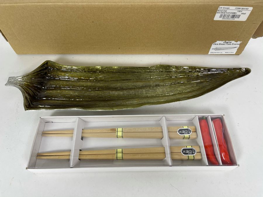 JUST ADDED - New Michael Aram Okra Enamel Bread Plate 16L And Chopstick Set [Photo 3]