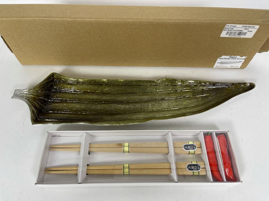JUST ADDED - New Michael Aram Okra Enamel Bread Plate 16L And Chopstick Set [Photo 2]