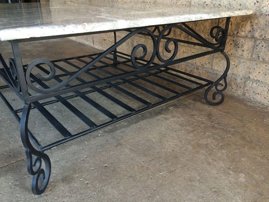 Large Square Coffee Table with Heavy Wrought Iron Base and Marble Top [Photo 10]