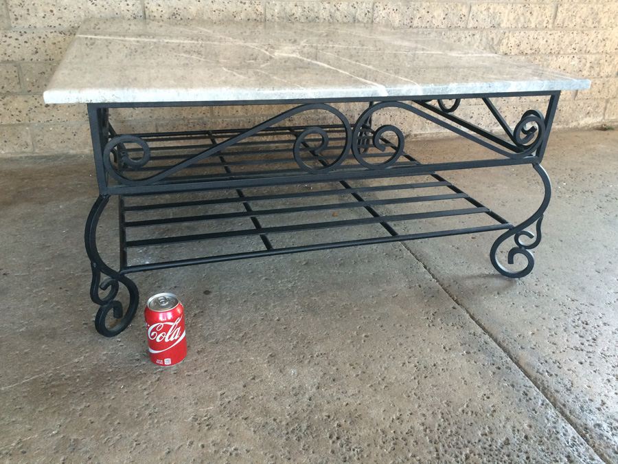 Large Square Coffee Table with Heavy Wrought Iron Base and Marble Top [Photo 11]