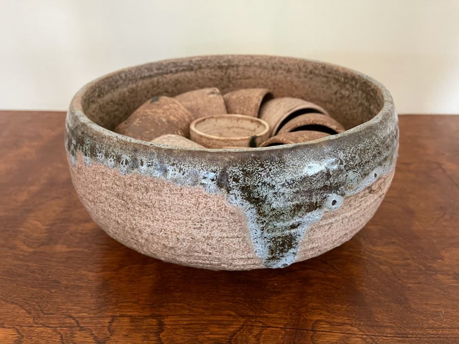 JUST ADDED - Signed Mid-Century Stoneware Pottery Punch Bowl 10.5R With Cups [Photo 5]