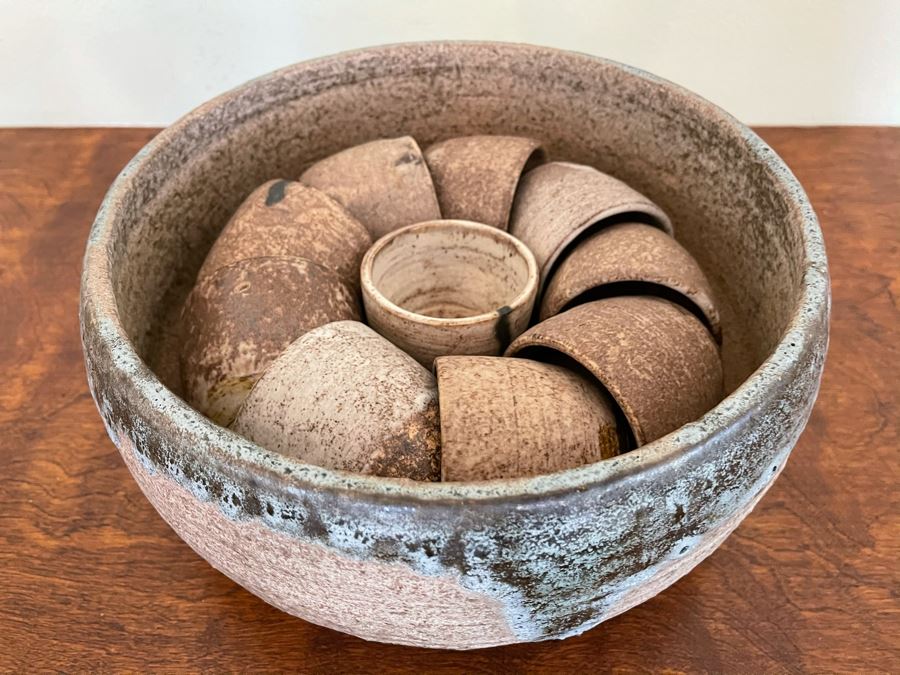 JUST ADDED - Signed Mid-Century Stoneware Pottery Punch Bowl 10.5R With Cups [Photo 2]