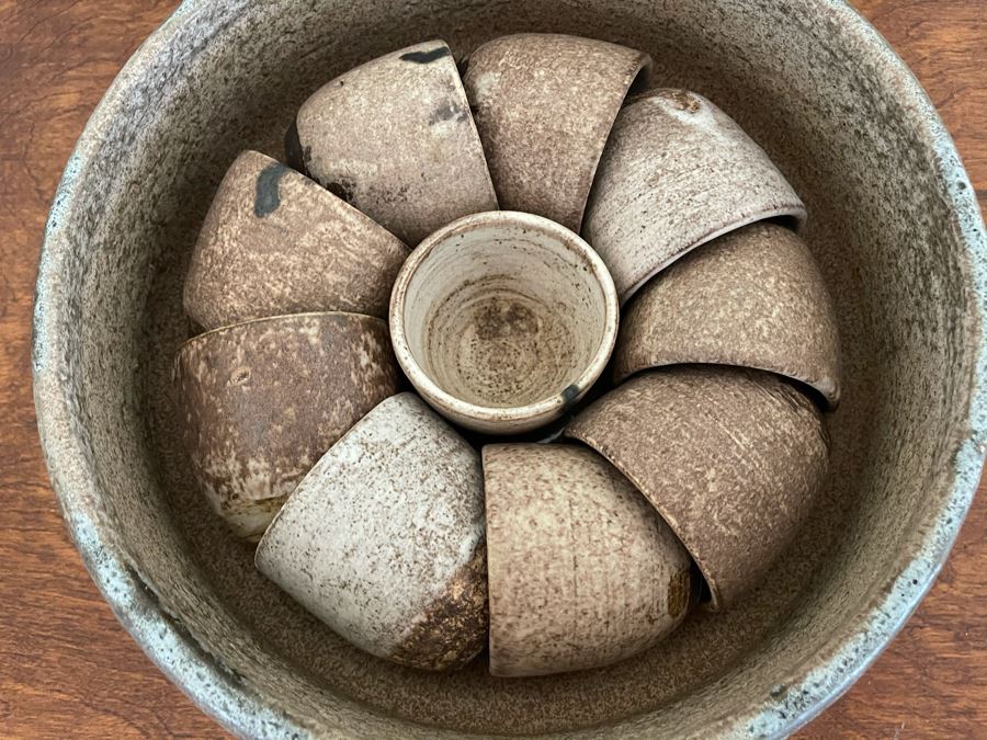 JUST ADDED - Signed Mid-Century Stoneware Pottery Punch Bowl 10.5R With Cups [Photo 3]