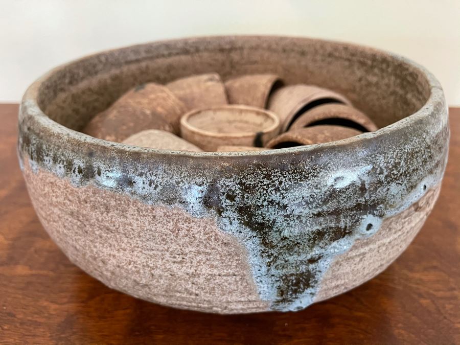 JUST ADDED - Signed Mid-Century Stoneware Pottery Punch Bowl 10.5R With Cups [Photo 4]