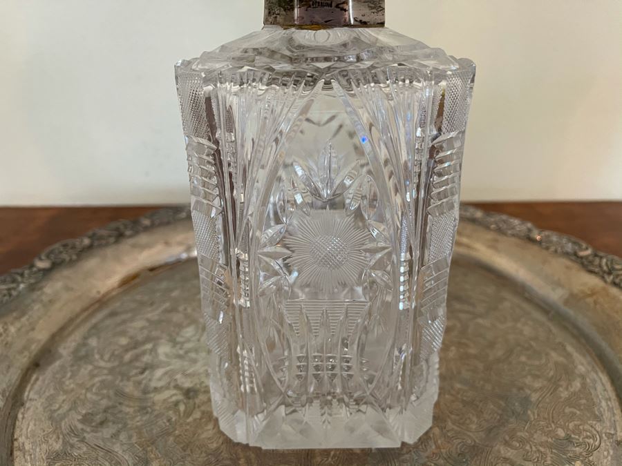 JUST ADDED - Silverplate Tray 19W With Crystal Decanter 10H With Sterling Silver Neck (Stopper Has Chip) [Photo 6]