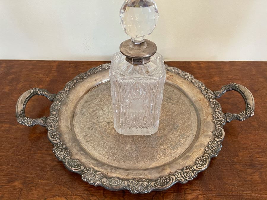 JUST ADDED - Silverplate Tray 19W With Crystal Decanter 10H With Sterling Silver Neck (Stopper Has Chip) [Photo 2]