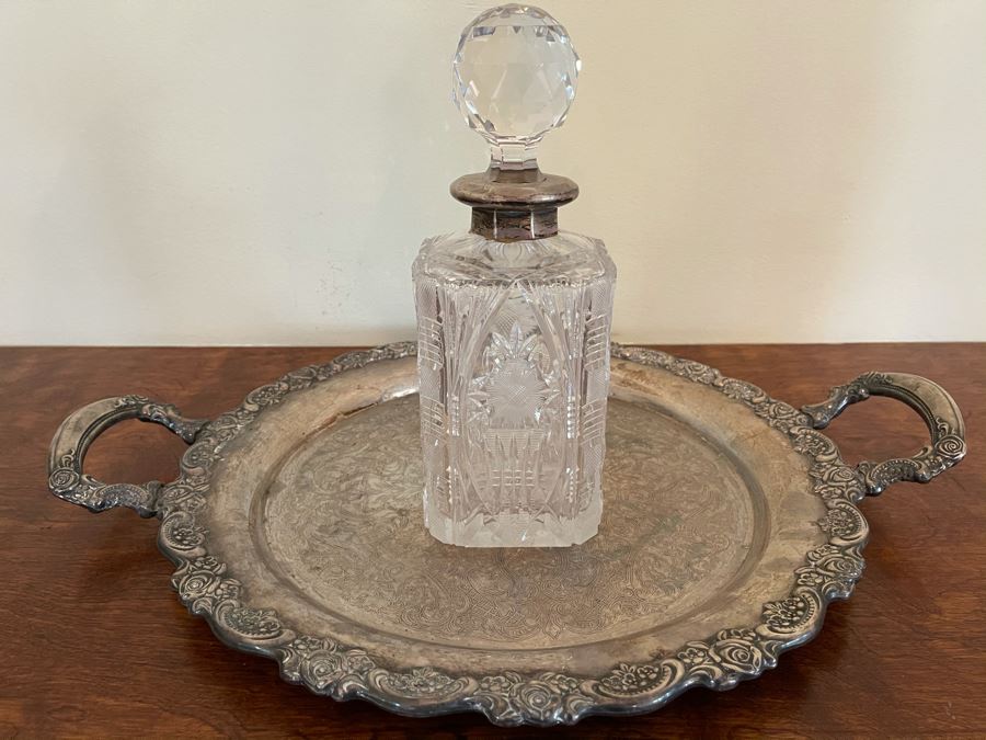JUST ADDED - Silverplate Tray 19W With Crystal Decanter 10H With Sterling Silver Neck (Stopper Has Chip)