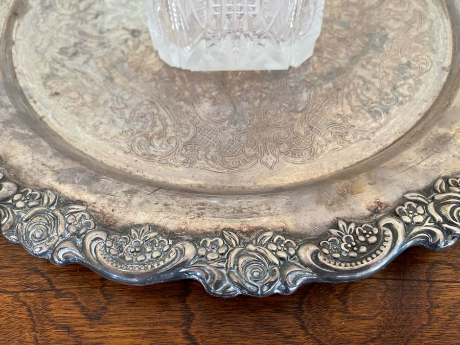JUST ADDED - Silverplate Tray 19W With Crystal Decanter 10H With Sterling Silver Neck (Stopper Has Chip) [Photo 5]