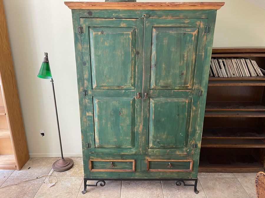 JUST ADDED - Wooden Painted Armoire Cabinet With Metal Base 50W X 25D X 73H [Photo 1]