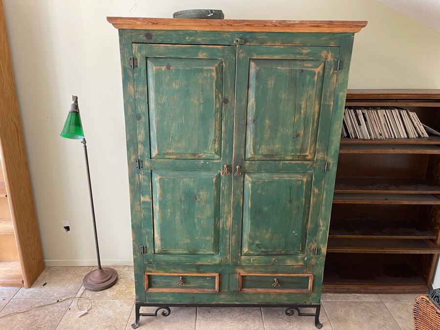 JUST ADDED - Wooden Painted Armoire Cabinet With Metal Base 50W X 25D X 73H [Photo 3]