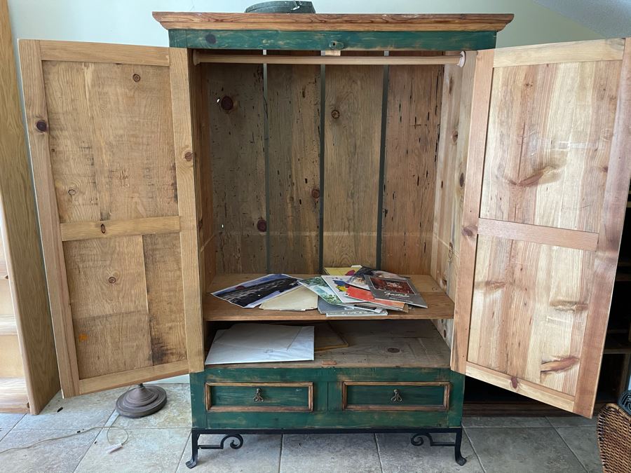 JUST ADDED - Wooden Painted Armoire Cabinet With Metal Base 50W X 25D X 73H [Photo 4]