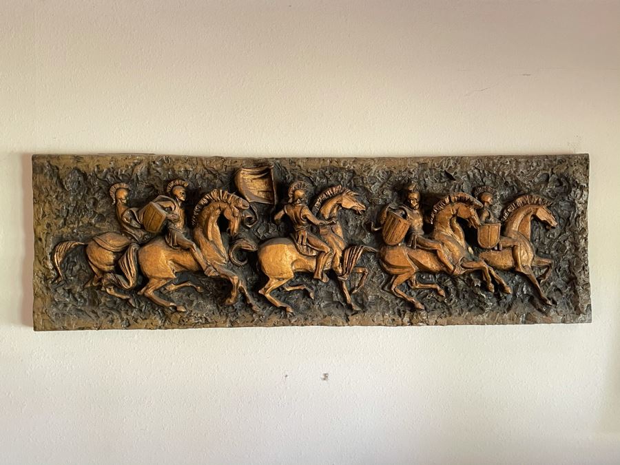 Vintage 1967 Mid-Century Modern Vanguard Studios Beverly Hills CA Relief Wall Sculpture Roman Soldiers On Horses 63L X 19H X 6D [Photo 3]