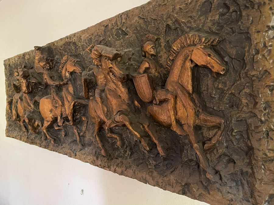 Vintage 1967 Mid-Century Modern Vanguard Studios Beverly Hills CA Relief Wall Sculpture Roman Soldiers On Horses 63L X 19H X 6D [Photo 4]