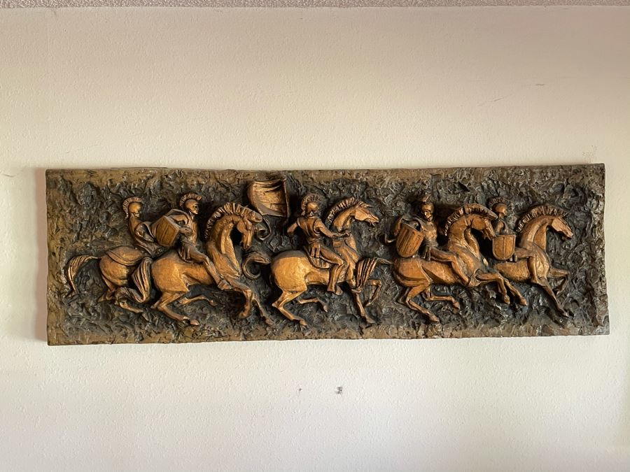 Vintage 1967 Mid-Century Modern Vanguard Studios Beverly Hills CA Relief Wall Sculpture Roman Soldiers On Horses 63L X 19H X 6D [Photo 2]