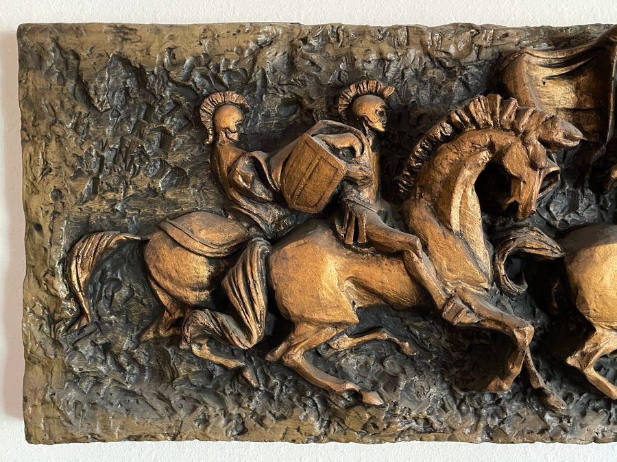 Vintage 1967 Mid-Century Modern Vanguard Studios Beverly Hills CA Relief Wall Sculpture Roman Soldiers On Horses 63L X 19H X 6D [Photo 6]