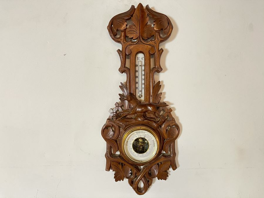 Antique German Hand Relief Carved Wooden Weather Station Barometer Thermometer Horse Design 8W X 20H [Photo 3]