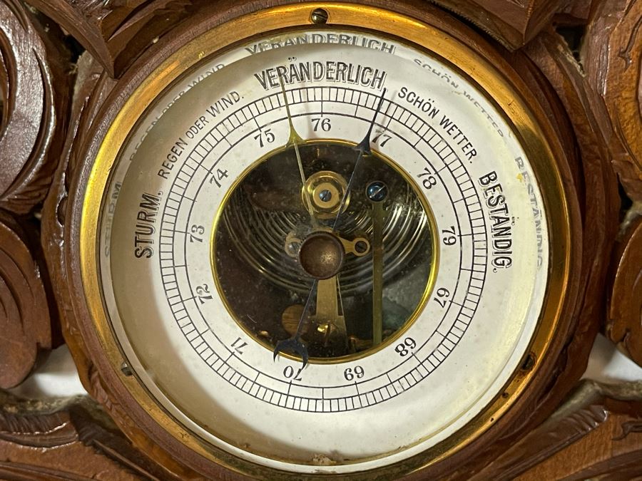 Antique German Hand Relief Carved Wooden Weather Station Barometer Thermometer Horse Design 8W X 20H [Photo 9]