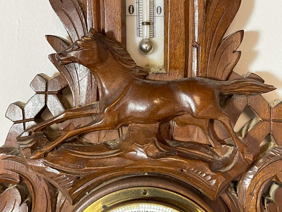 Antique German Hand Relief Carved Wooden Weather Station Barometer Thermometer Horse Design 8W X 20H [Photo 7]