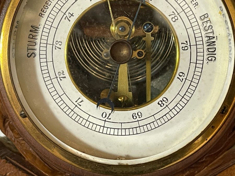Antique German Hand Relief Carved Wooden Weather Station Barometer Thermometer Horse Design 8W X 20H [Photo 11]