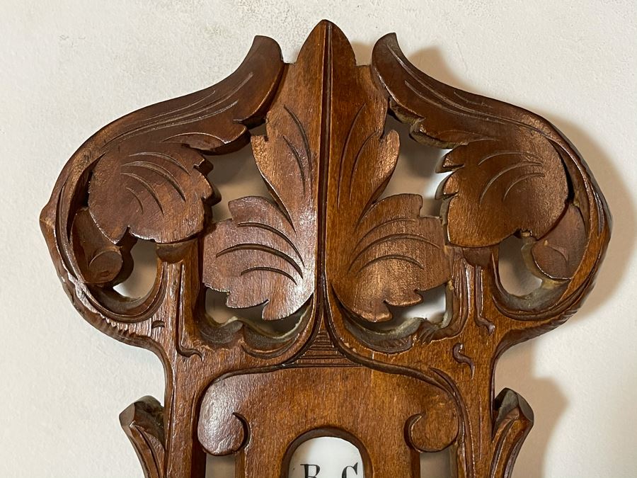 Antique German Hand Relief Carved Wooden Weather Station Barometer Thermometer Horse Design 8W X 20H [Photo 14]