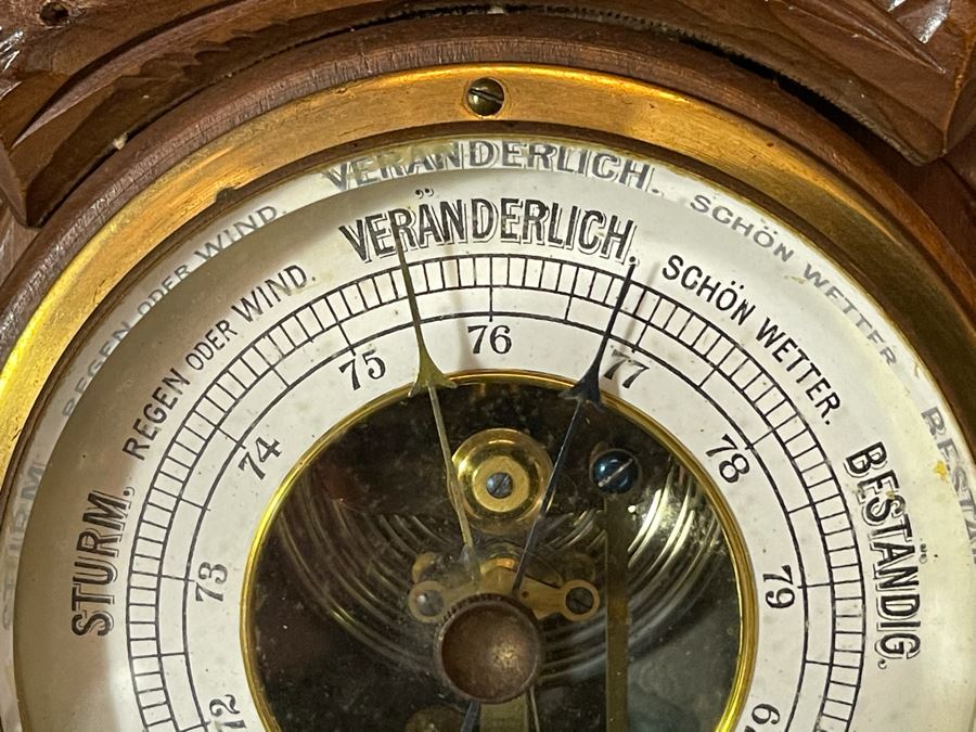 Antique German Hand Relief Carved Wooden Weather Station Barometer Thermometer Horse Design 8W X 20H [Photo 10]