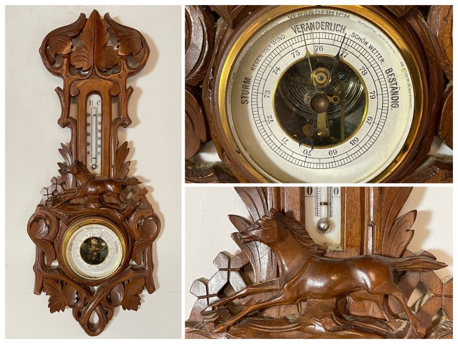 Antique German Hand Relief Carved Wooden Weather Station Barometer Thermometer Horse Design 8W X 20H