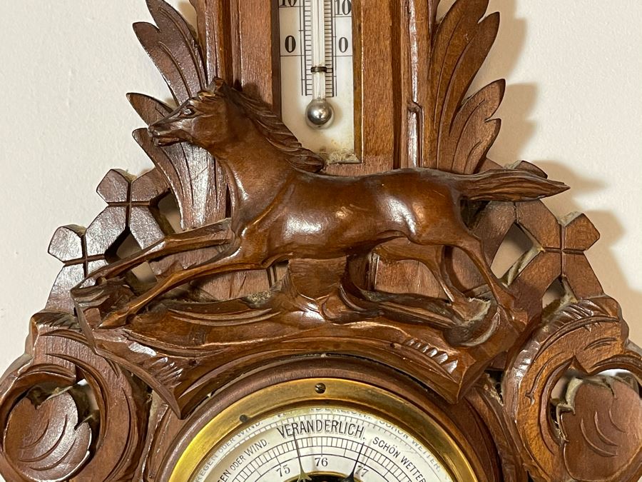 Antique German Hand Relief Carved Wooden Weather Station Barometer Thermometer Horse Design 8W X 20H [Photo 6]