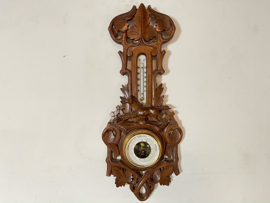 Antique German Hand Relief Carved Wooden Weather Station Barometer Thermometer Horse Design 8W X 20H [Photo 4]
