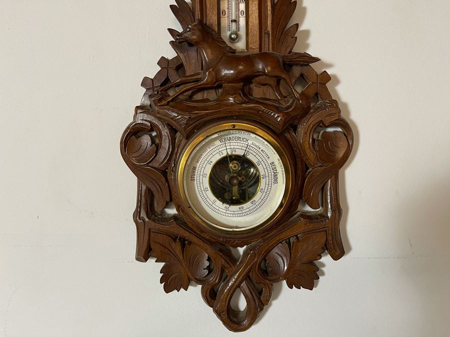 Antique German Hand Relief Carved Wooden Weather Station Barometer Thermometer Horse Design 8W X 20H [Photo 5]