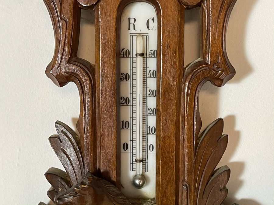 Antique German Hand Relief Carved Wooden Weather Station Barometer Thermometer Horse Design 8W X 20H [Photo 8]