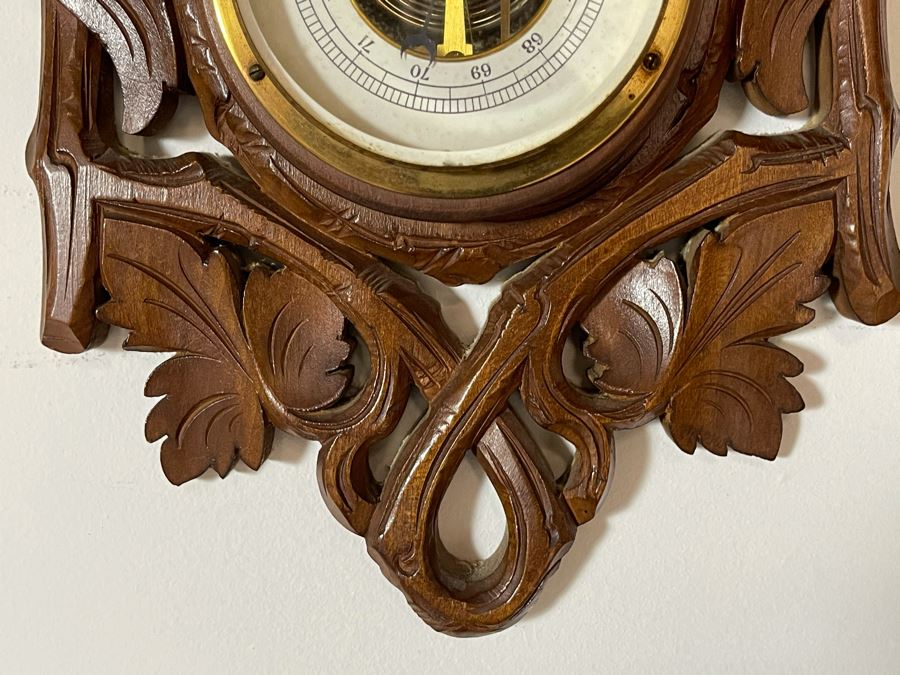 Antique German Hand Relief Carved Wooden Weather Station Barometer Thermometer Horse Design 8W X 20H [Photo 13]