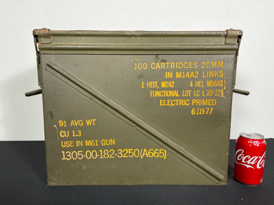Vintage M61 Gun 20MM Ammunition Cartridge Military Metal Box Case With Handles 19W X 8D X 14H