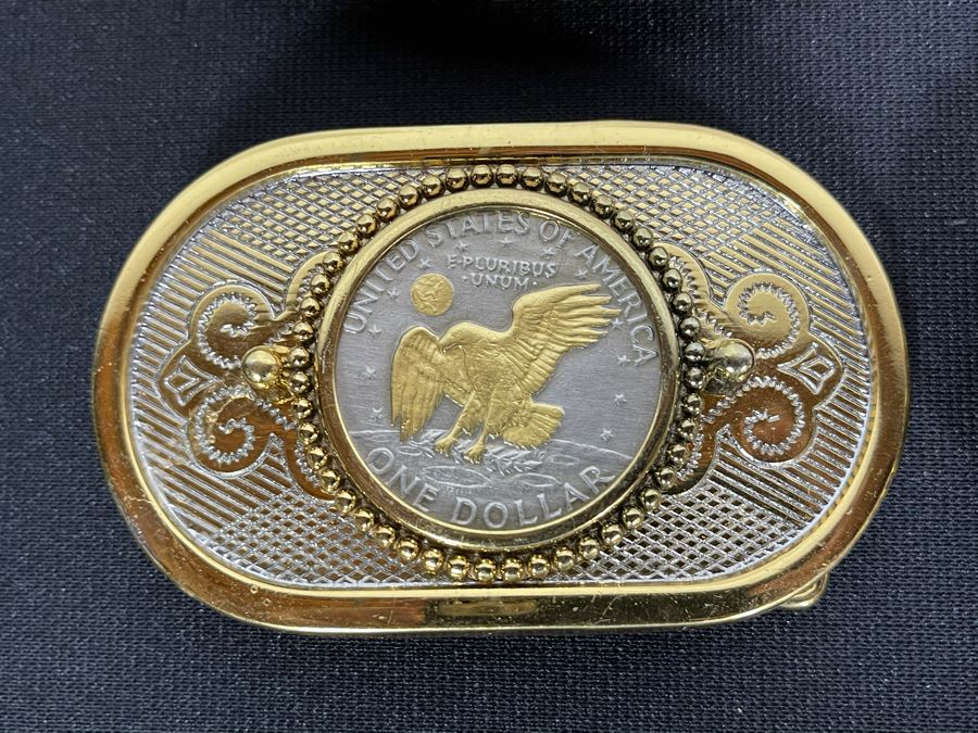 Set Of Nine Gold Electroplated United States One Dollar Coins Set In Base Metal Western Belt Buckles [Photo 3]