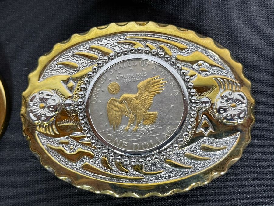 Set Of Nine Gold Electroplated United States One Dollar Coins Set In Base Metal Western Belt Buckles [Photo 2]