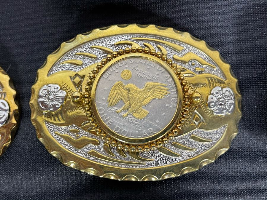 Set Of Nine Gold Electroplated United States One Dollar Coins Set In Base Metal Western Belt Buckles [Photo 6]